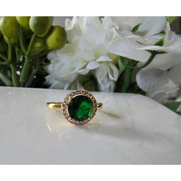 Gold Plated Green Round CZ Ring Size 6 New - Picture 1 of 5